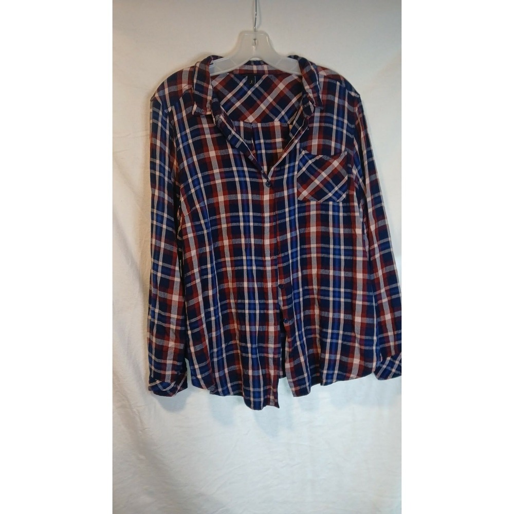 Torrid Size 2 Red Blue Plaid Lightweight Rayon Flannel Button Up Shirt Pocket